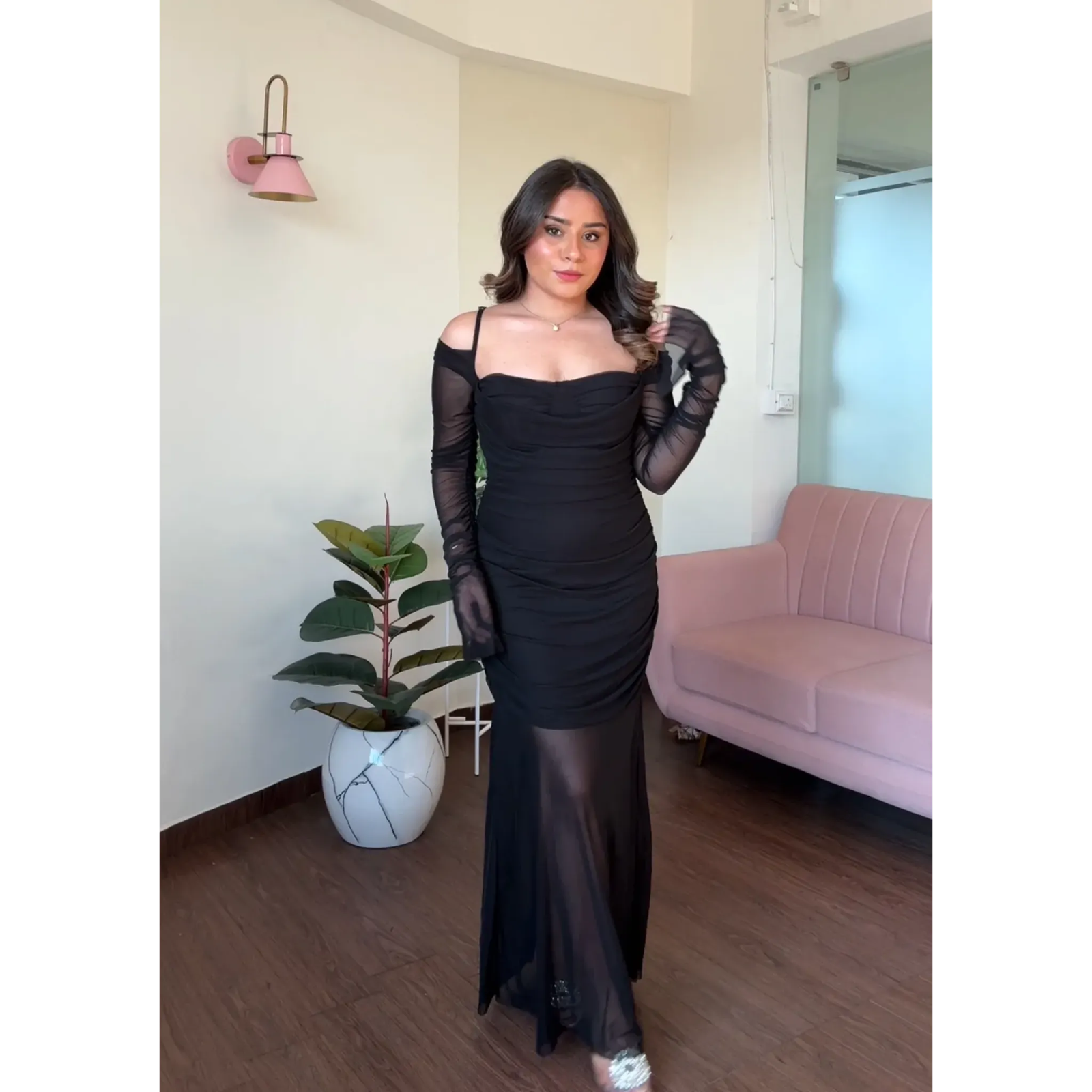 Padded Strappy Ruched Mesh Midi Dress