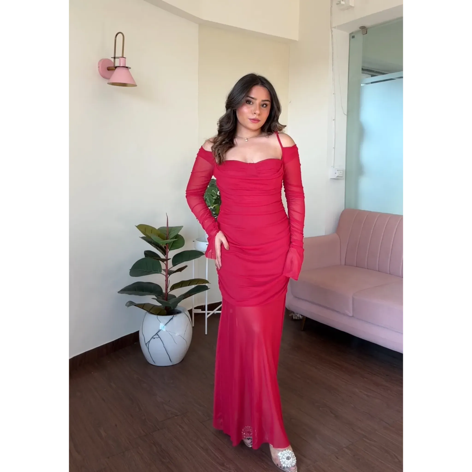 Padded Strappy Ruched Mesh Midi Dress