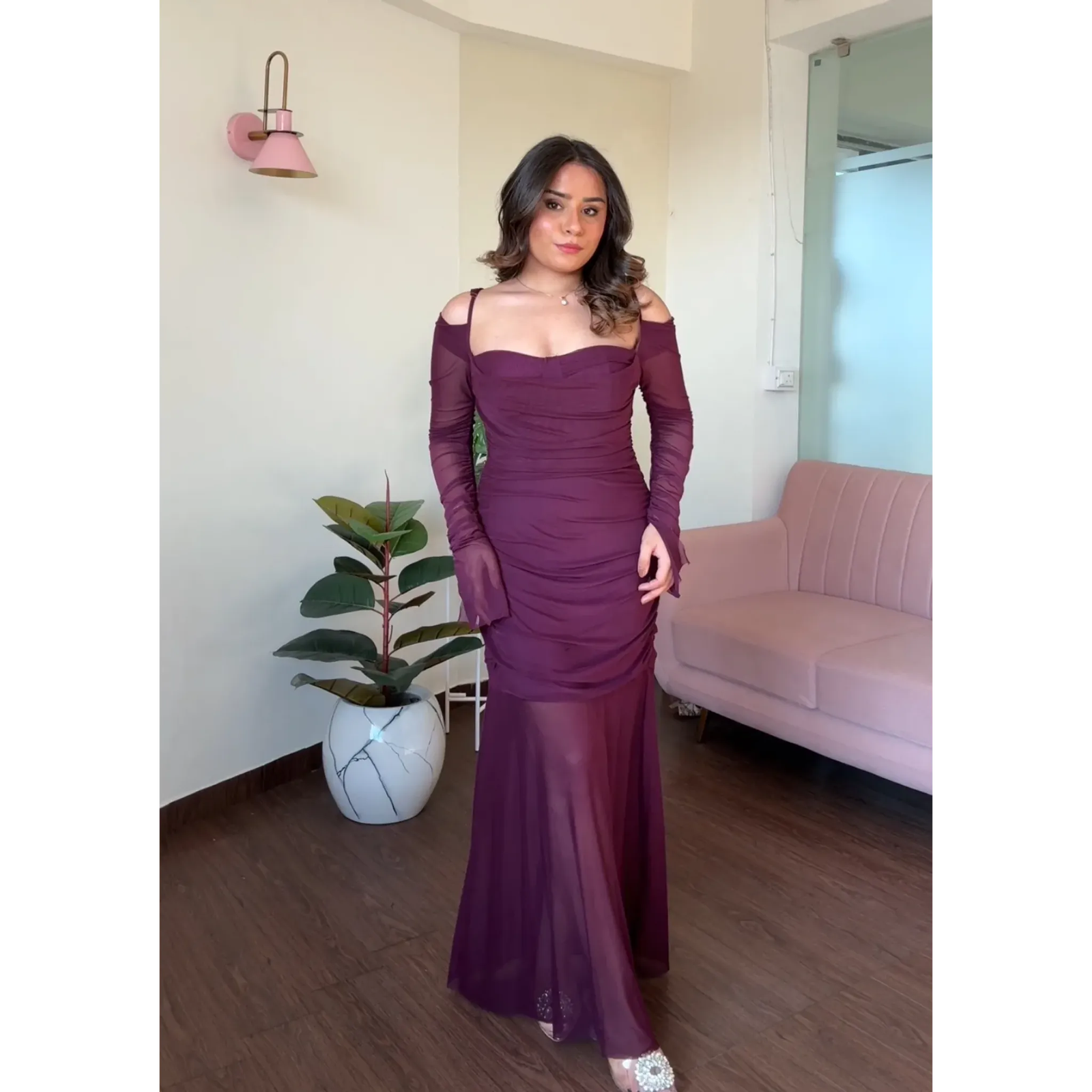 Padded Strappy Ruched Mesh Midi Dress