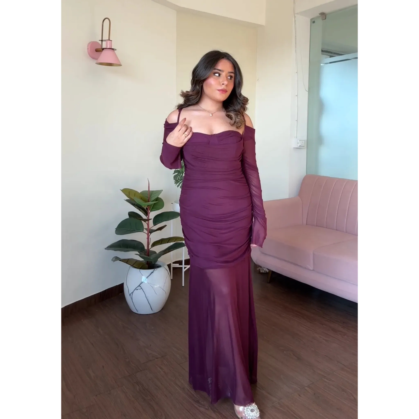 Padded Strappy Ruched Mesh Midi Dress