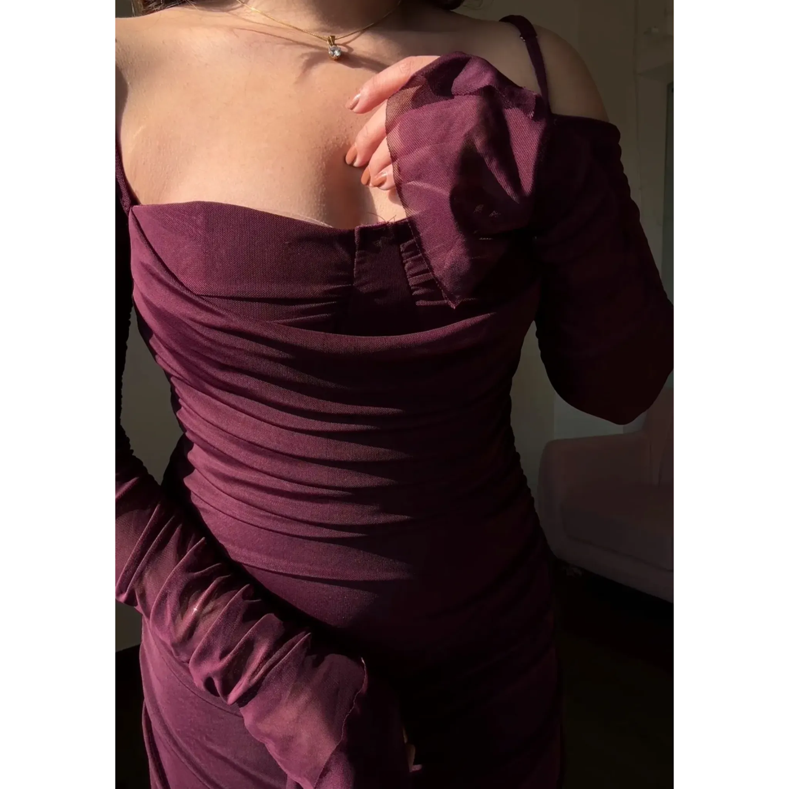 Padded Strappy Ruched Mesh Midi Dress