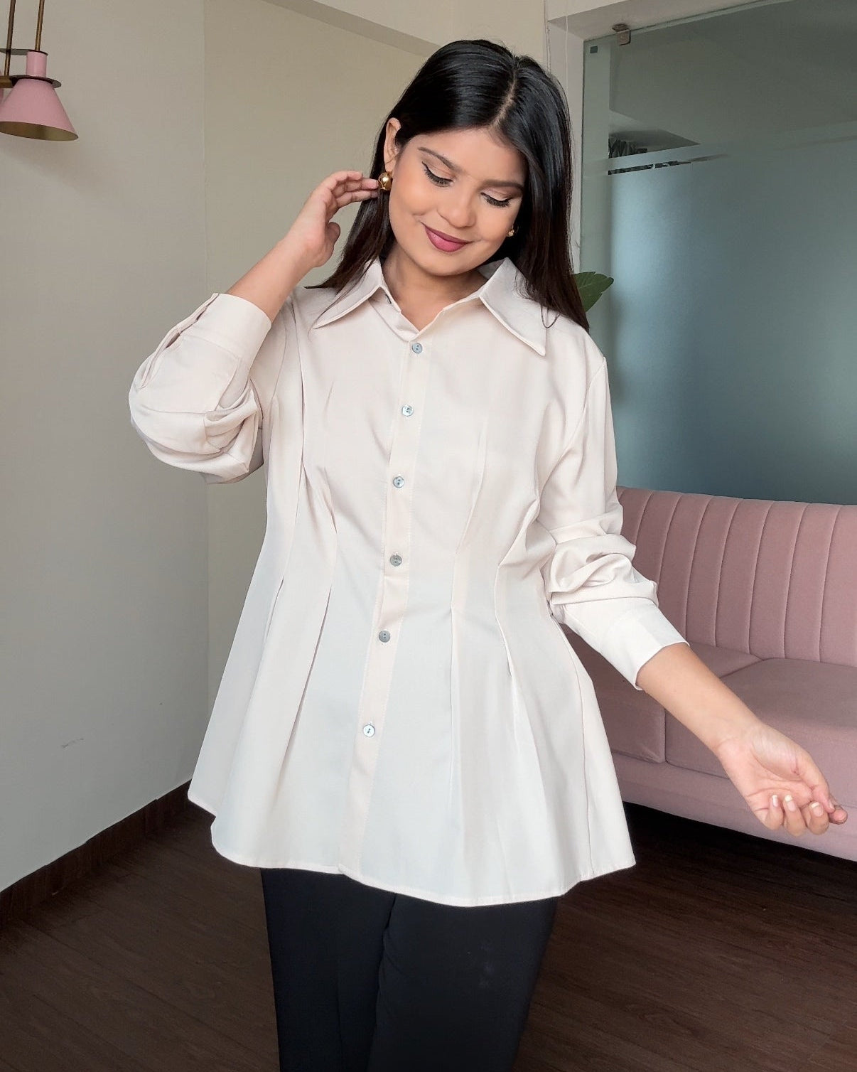 Waist Detailing Button Down Peplum Top