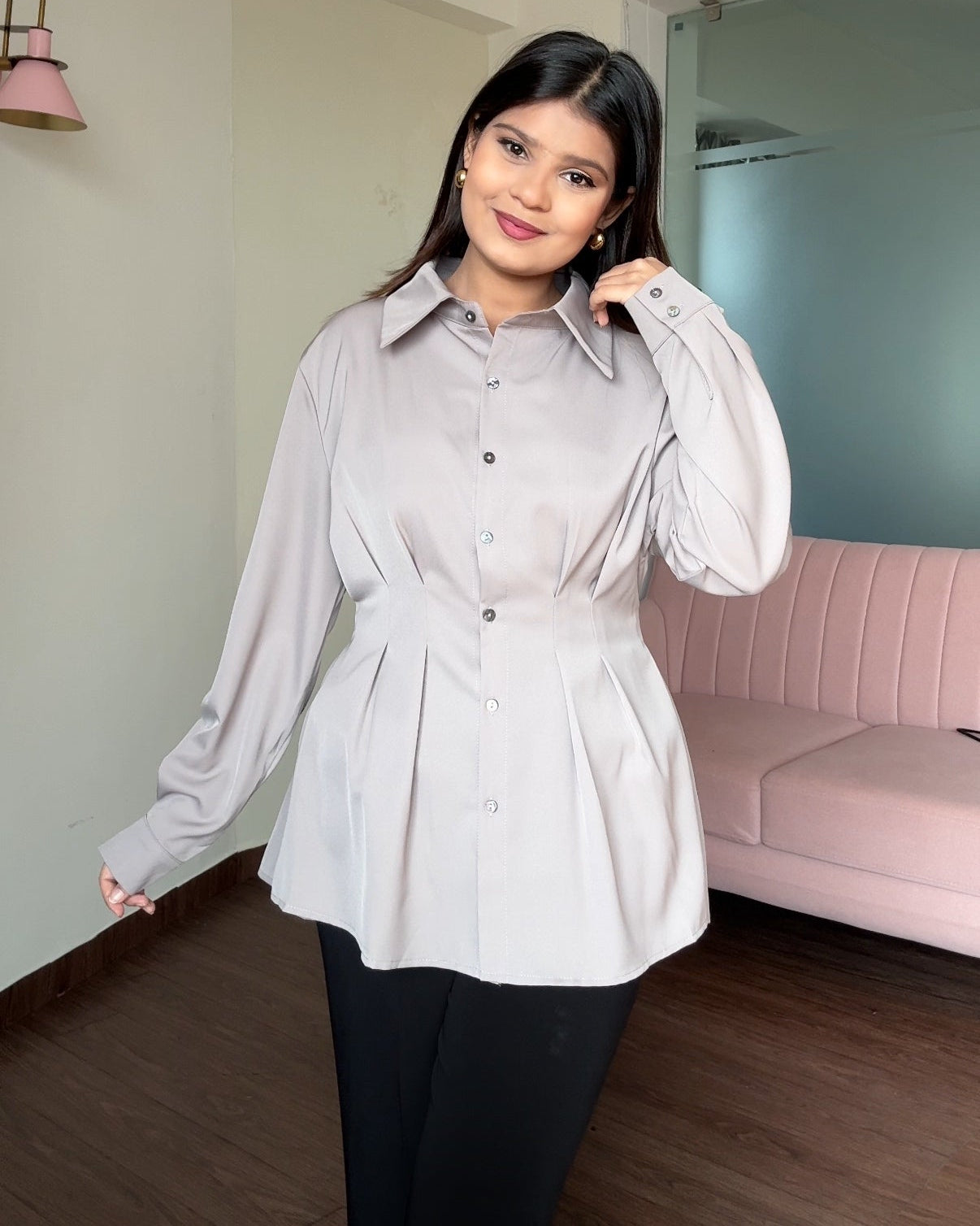 Waist Detailing Button Down Peplum Top