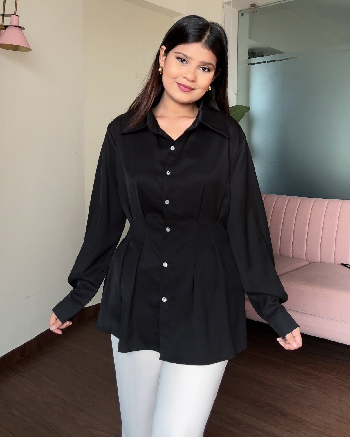 Waist Detailing Button Down Peplum Top