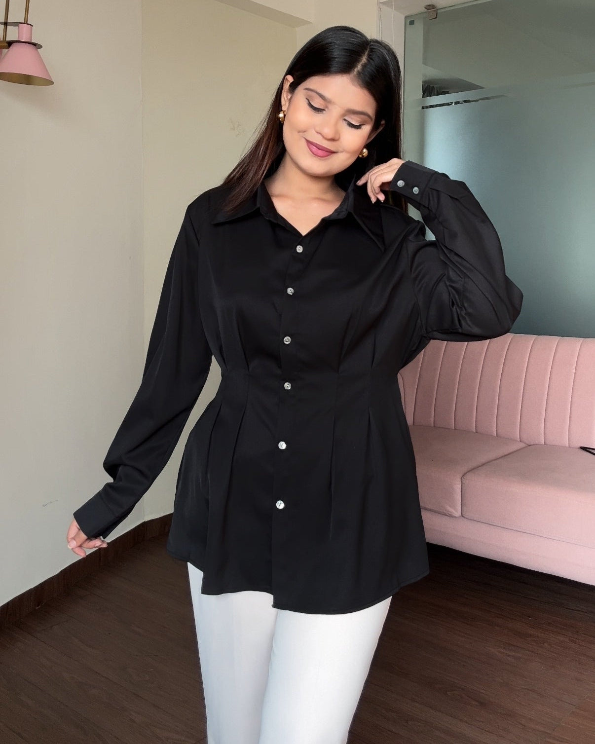 Waist Detailing Button Down Peplum Top