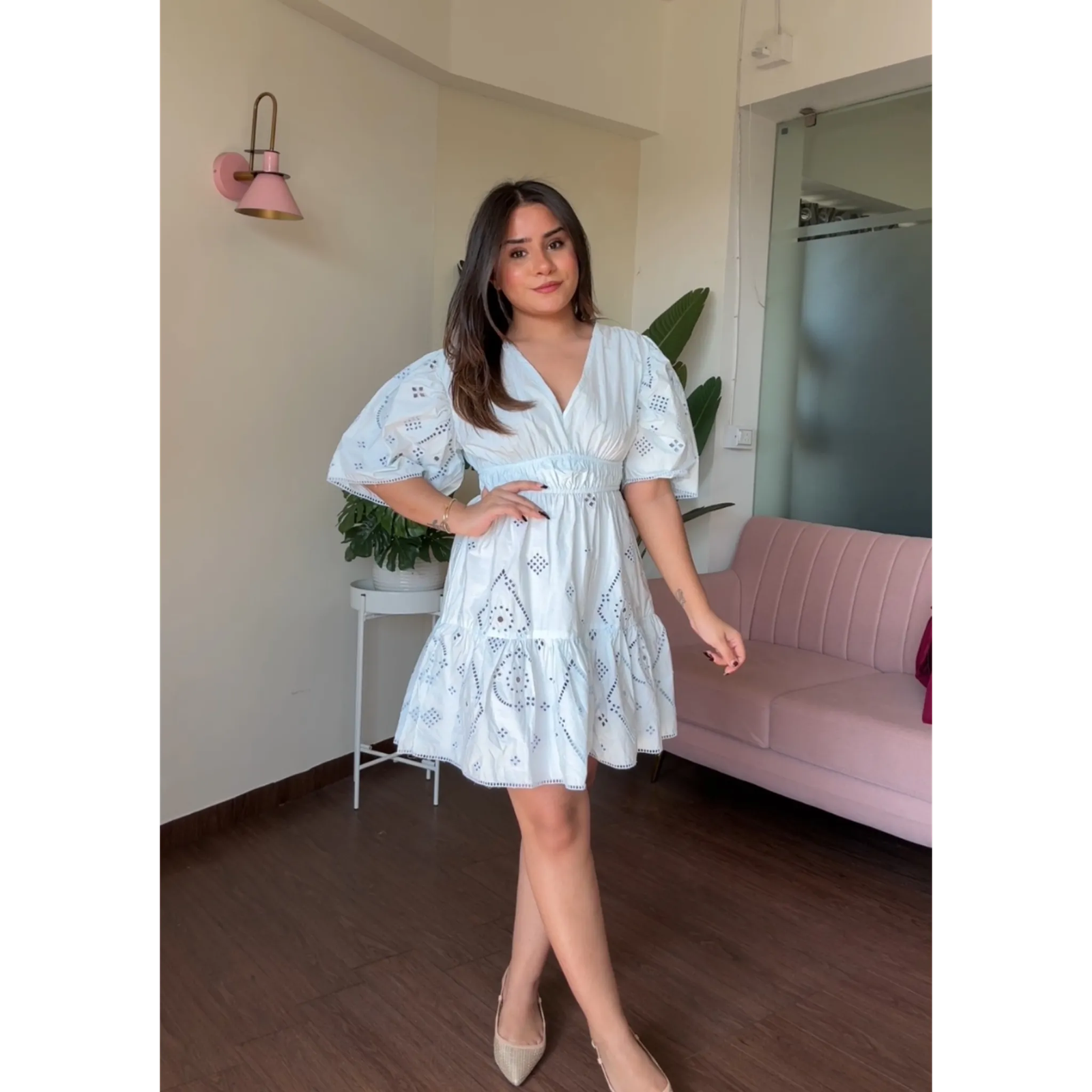 Cotton Flare V Neck Cut Work Embroidered Dress