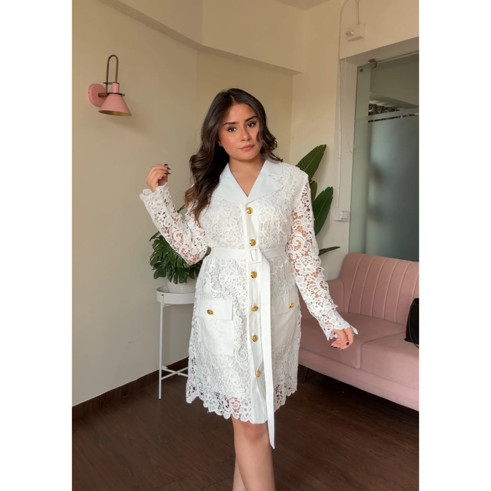 Lace Shirt Dress With Golden Buttons With Belt