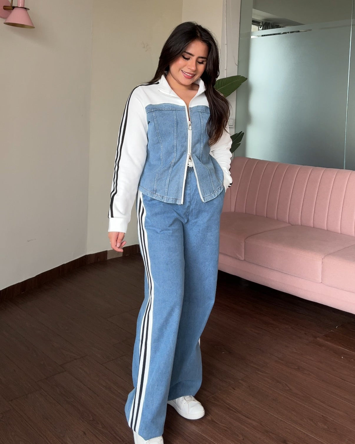 Denim Zip Up Contrast Detailing Co-ord Set