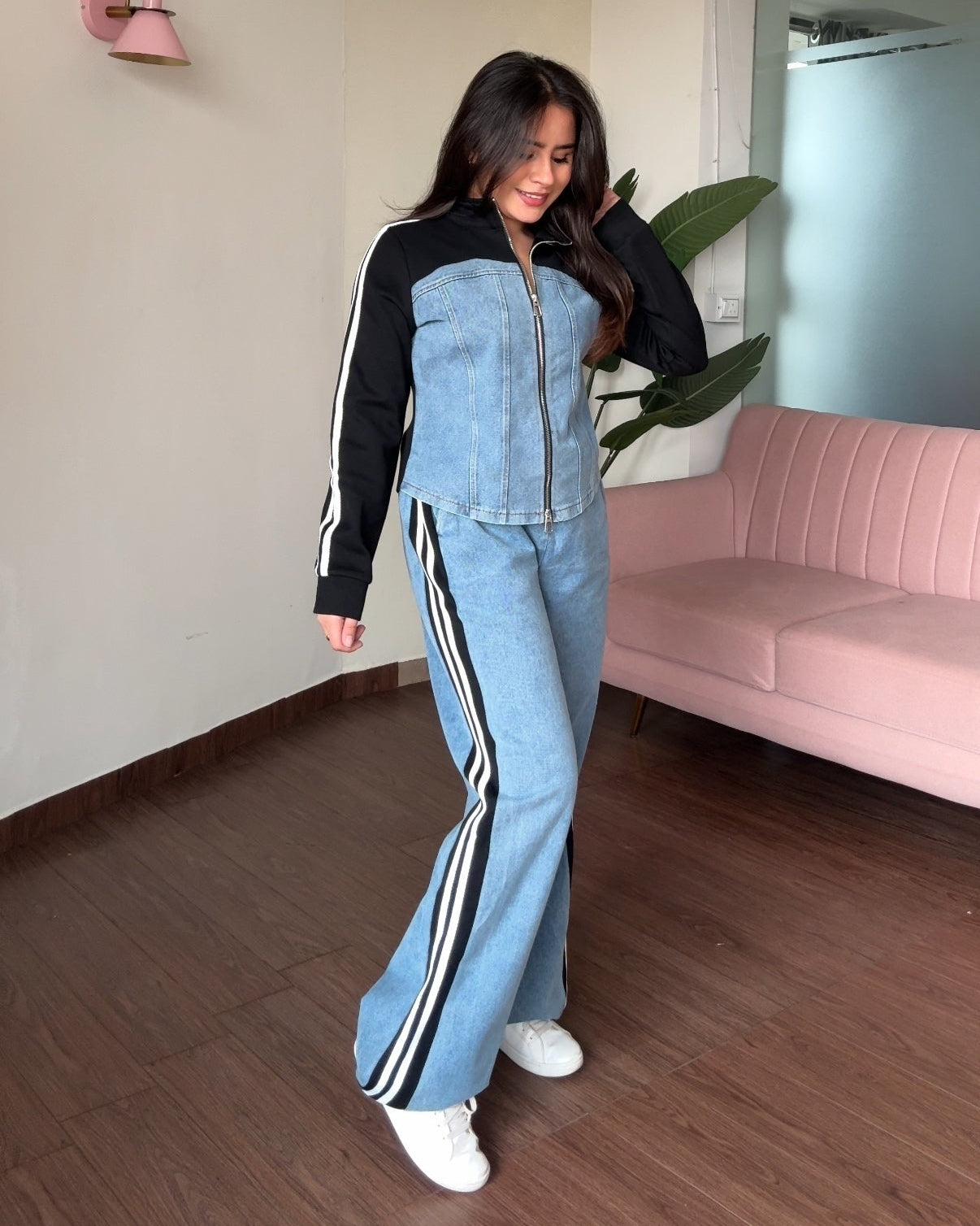 Denim Zip Up Contrast Detailing Co-ord Set