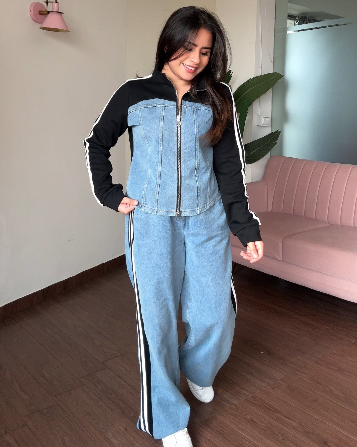 Denim Zip Up Contrast Detailing Co-ord Set