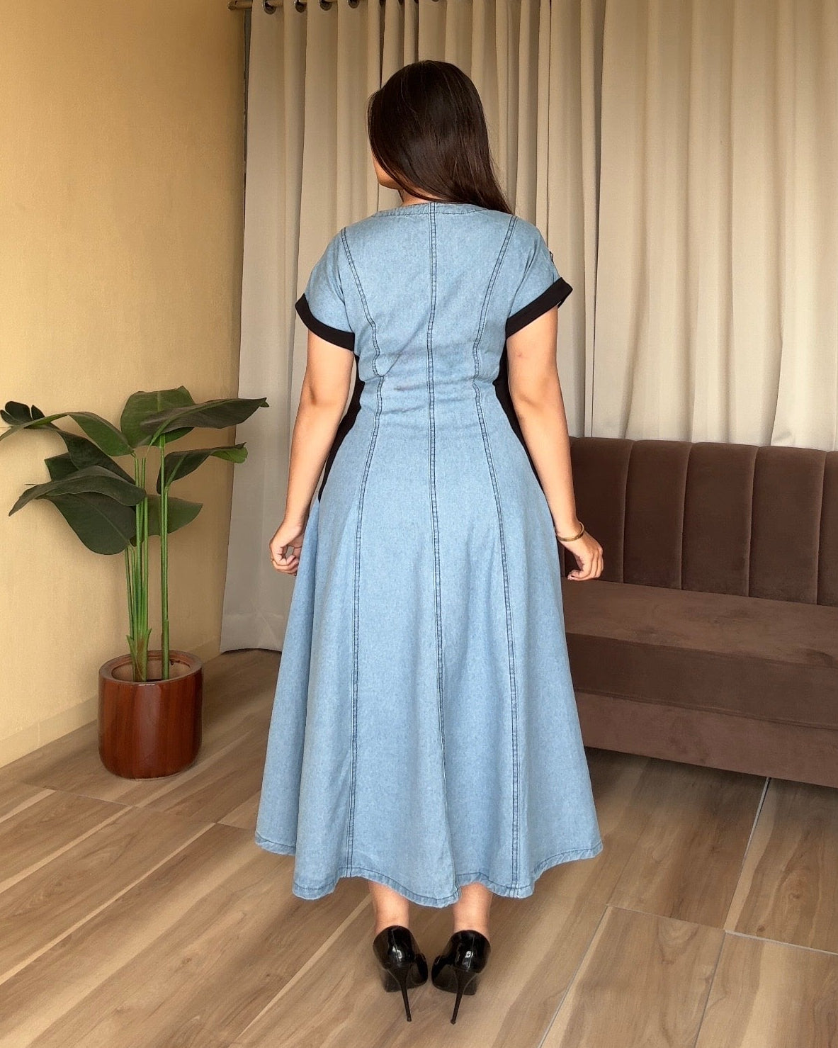 Flower Contrast Detailing Denim Midi Dress