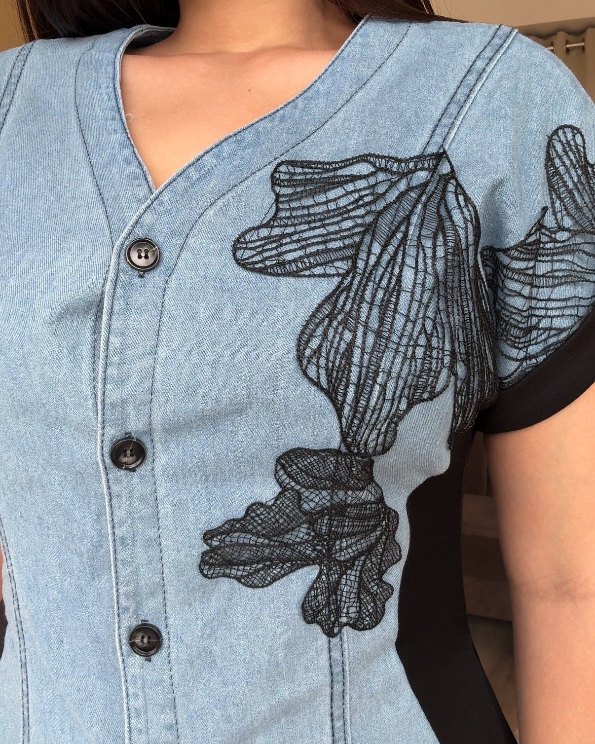 Flower Contrast Detailing Denim Midi Dress