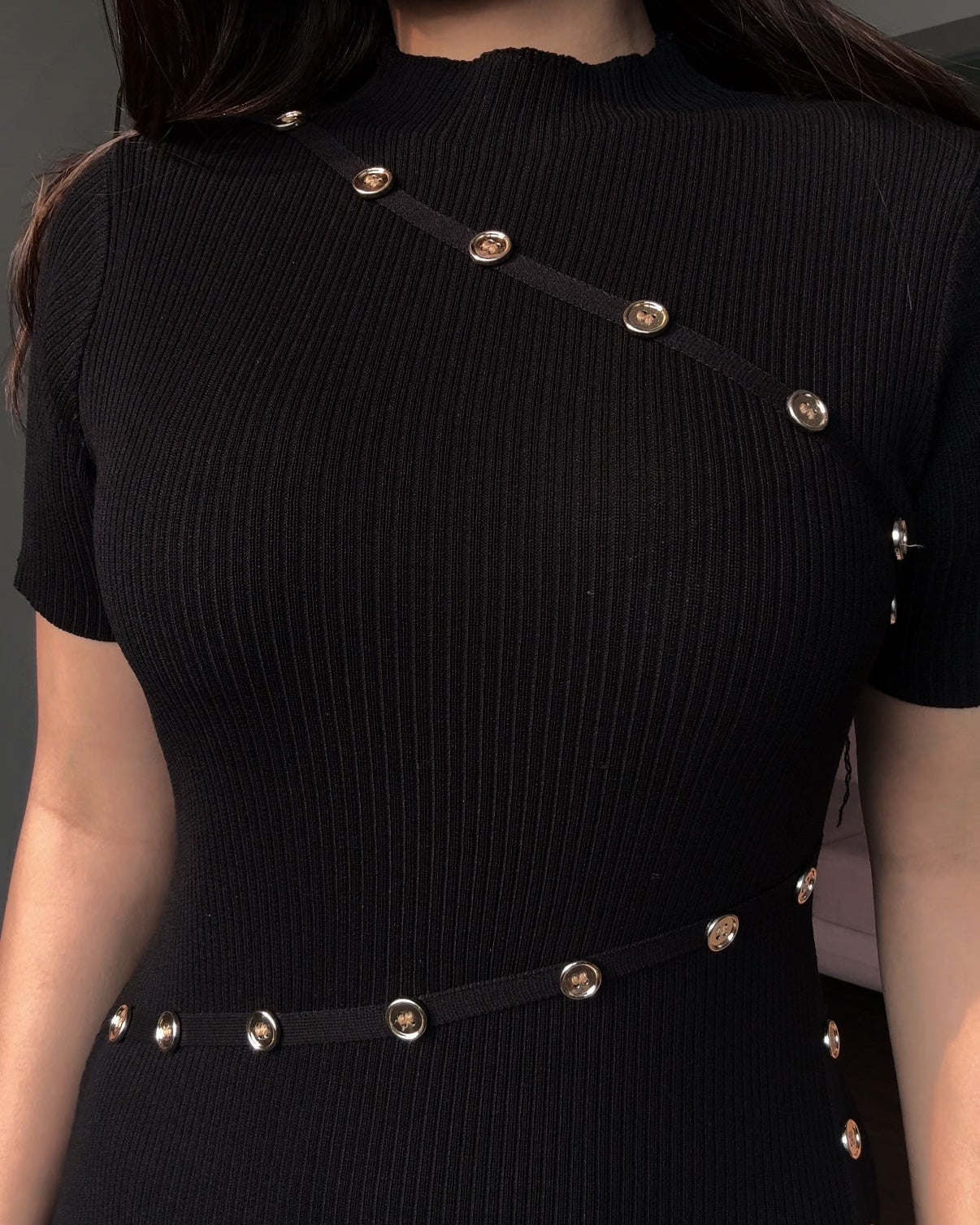 Golden Button Detailing Bodycon Mini Dress