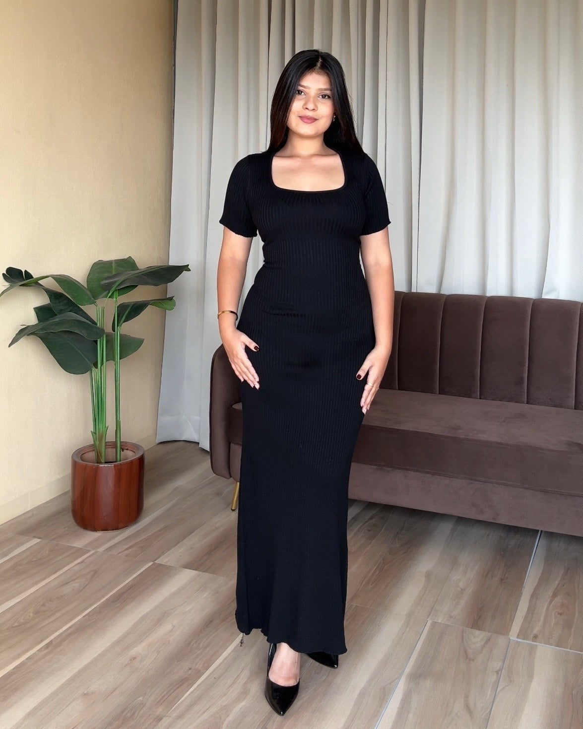 Corset Back Half Sleeve Ribbed Maxi Dress