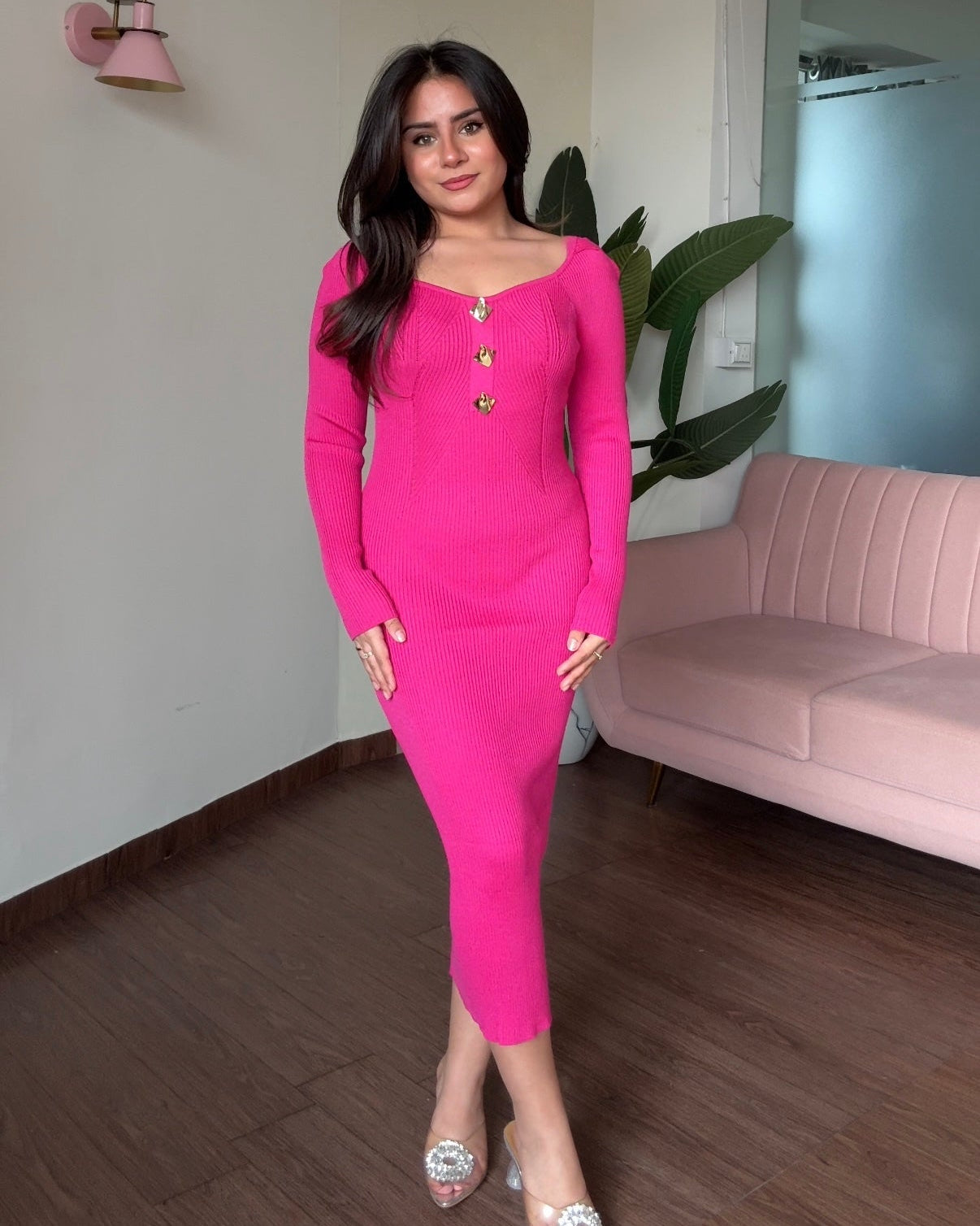 Golden Button Textured Detailing Full Sleeve Midi Dress