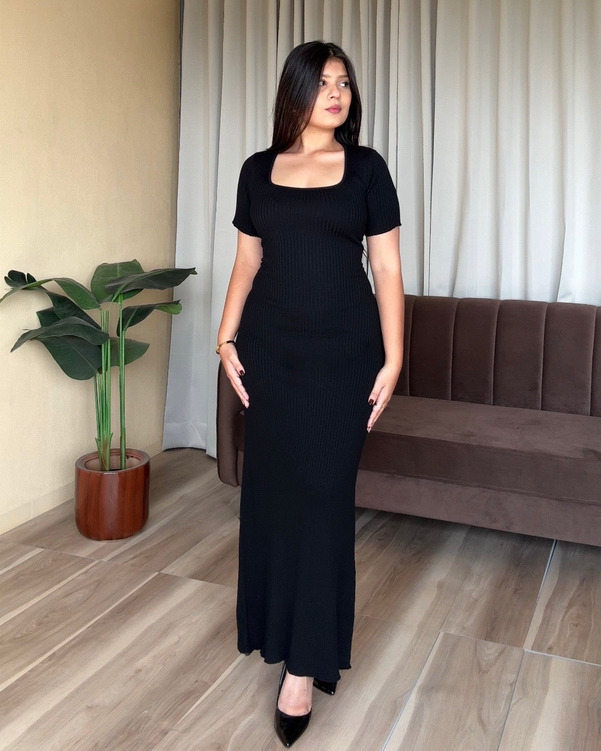 Corset Back Half Sleeve Ribbed Maxi Dress