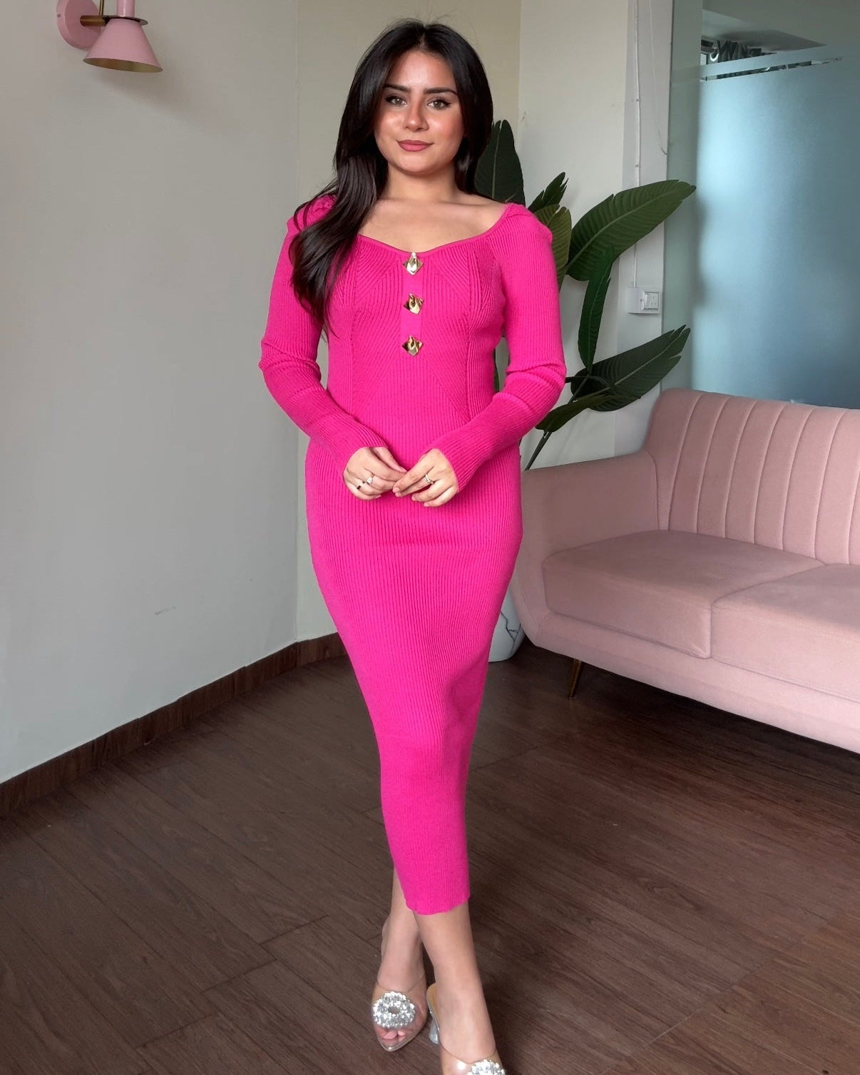 Golden Button Textured Detailing Full Sleeve Midi Dress