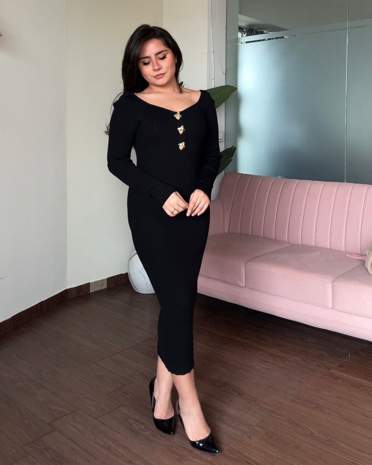 Golden Button Textured Detailing Full Sleeve Midi Dress