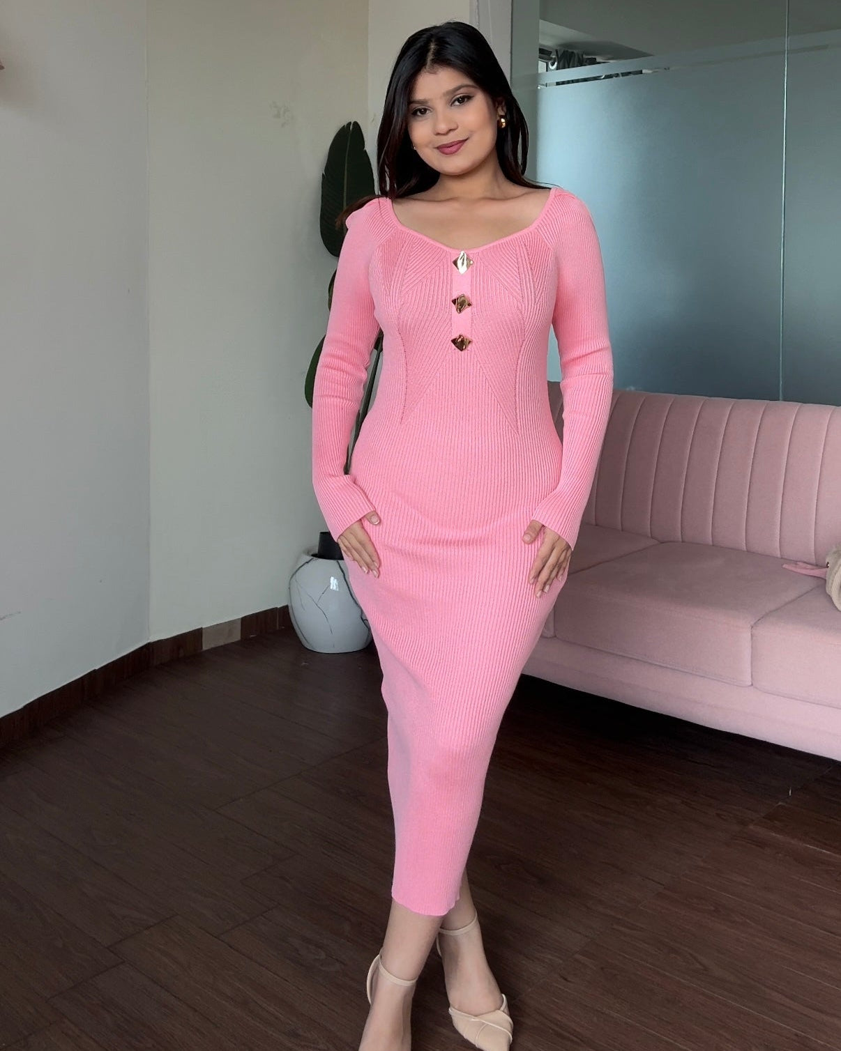 Golden Button Textured Detailing Full Sleeve Midi Dress