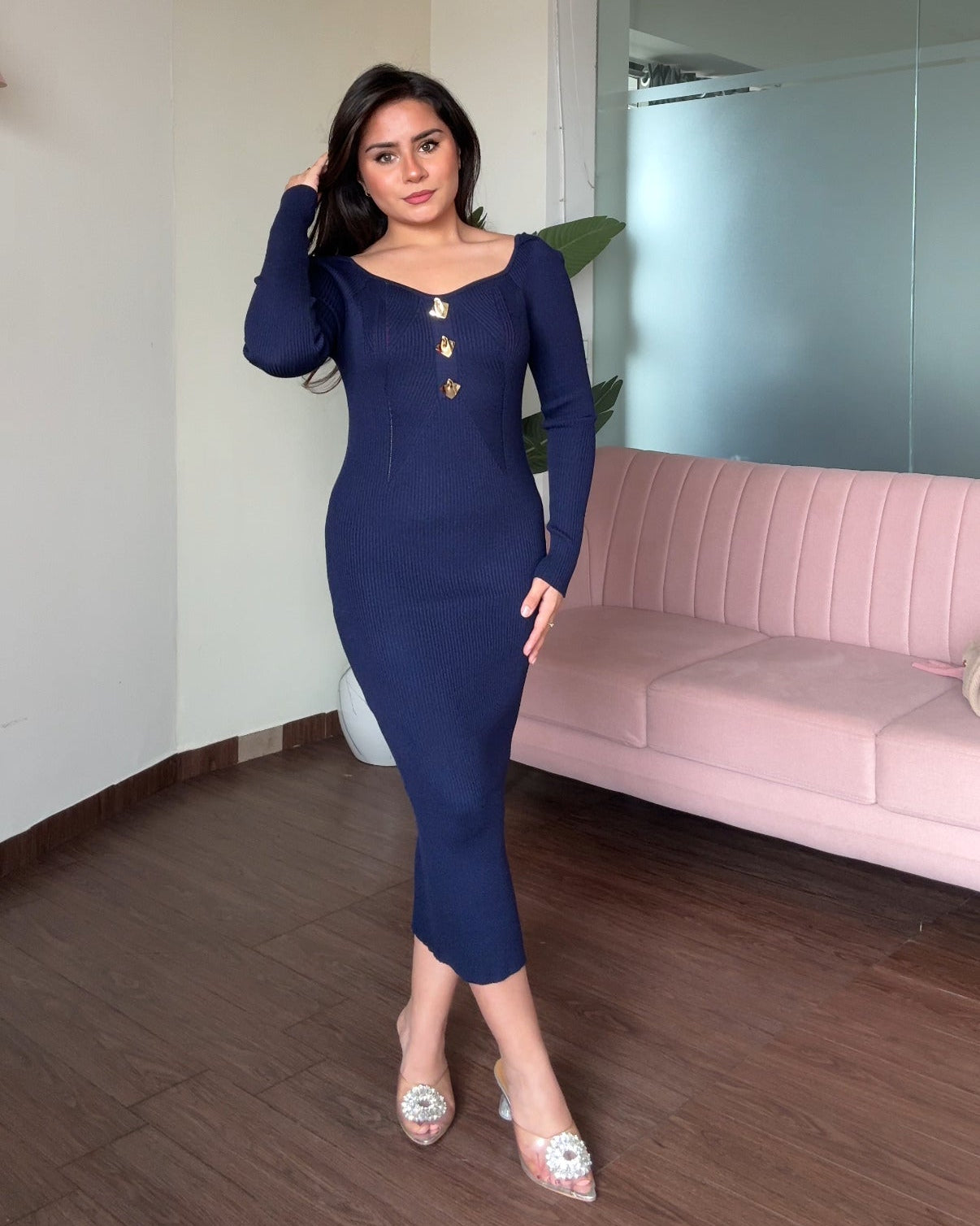 Golden Button Textured Detailing Full Sleeve Midi Dress