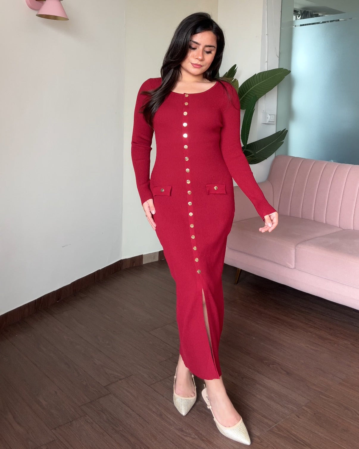 Round Neck Golden Button Midi Dress