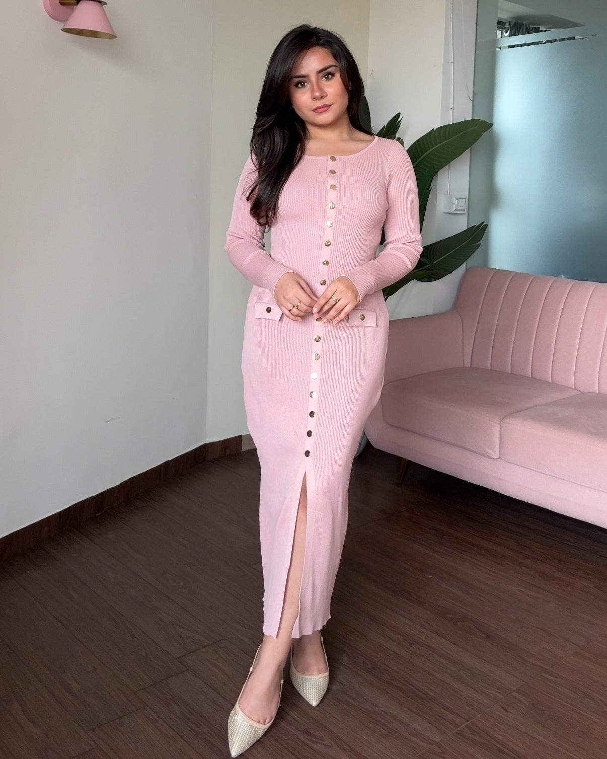 Round Neck Golden Button Midi Dress