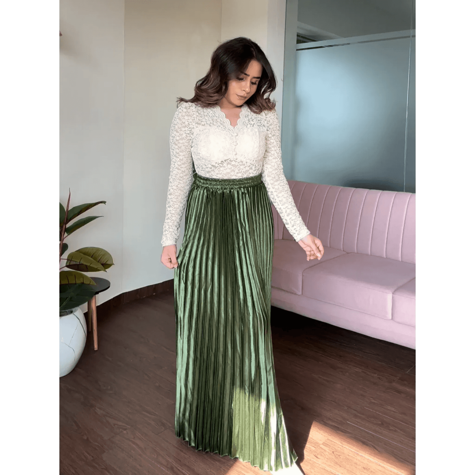 Satin Pleated Maxi Skirt