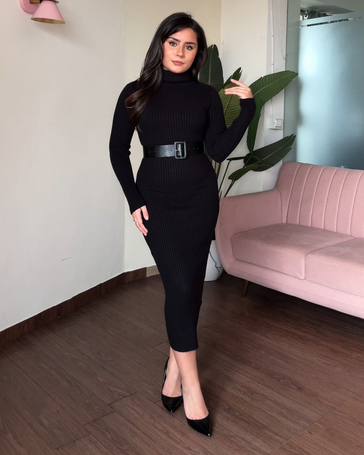 Turtle Neck Bodycon Midi Dress With Belt