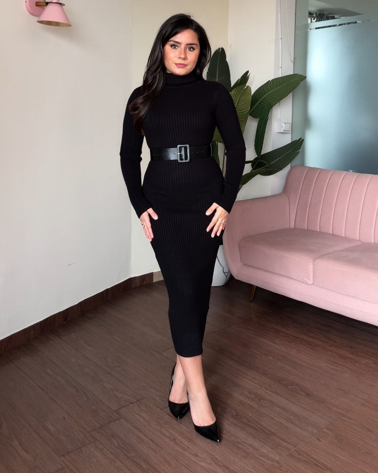 Turtle Neck Bodycon Midi Dress With Belt