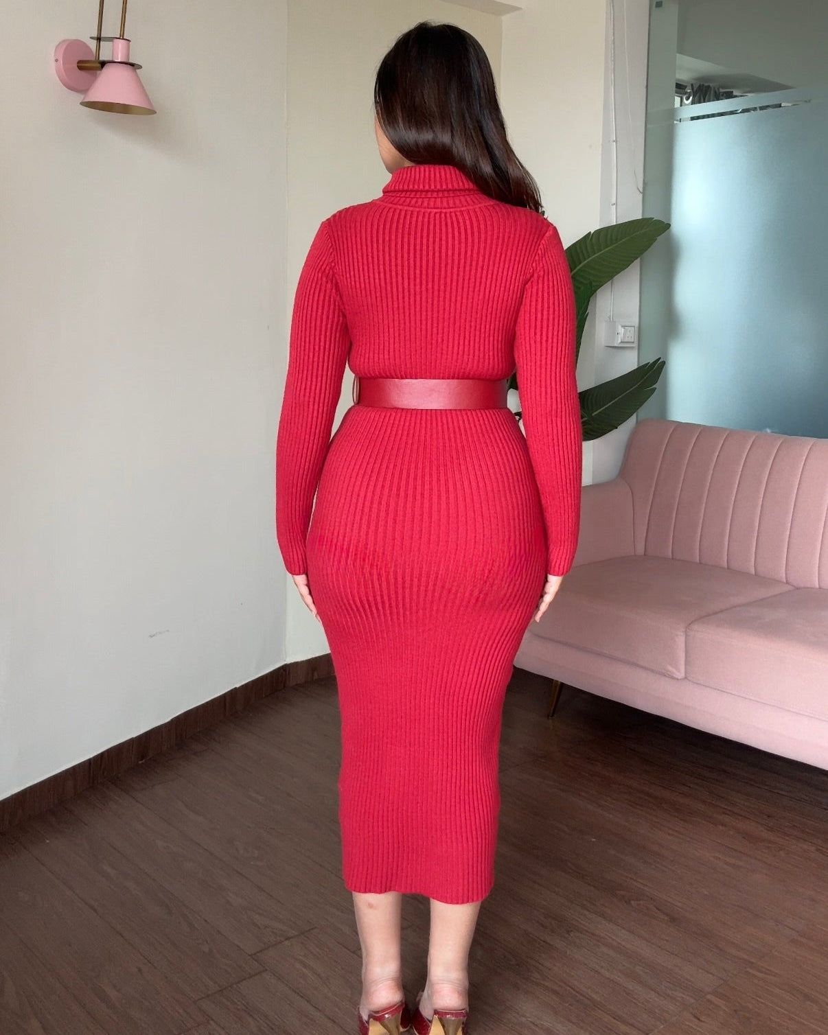 Turtle Neck Bodycon Midi Dress With Belt