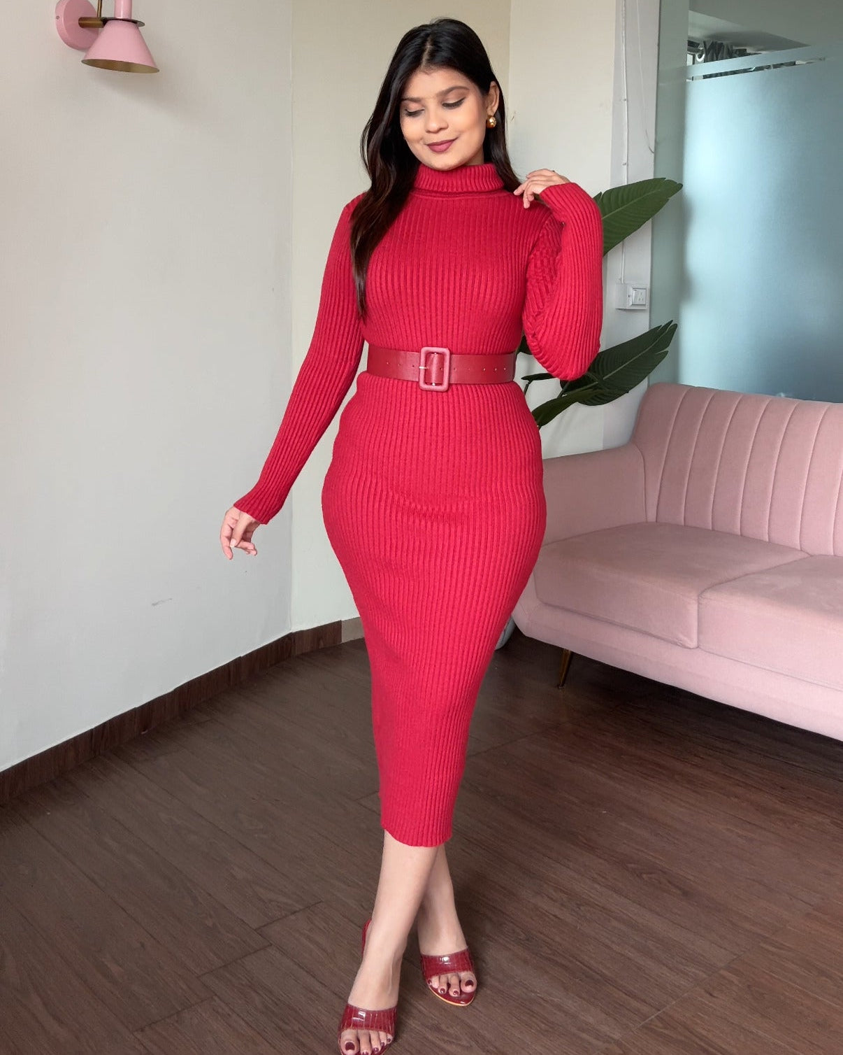 Turtle Neck Bodycon Midi Dress With Belt