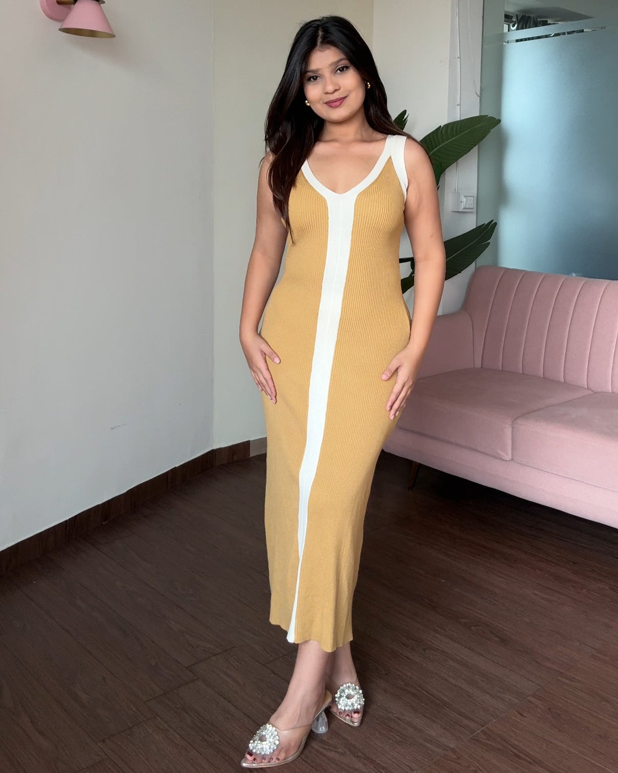 Contrast Detailing Ribbed Knitted Midi Dress