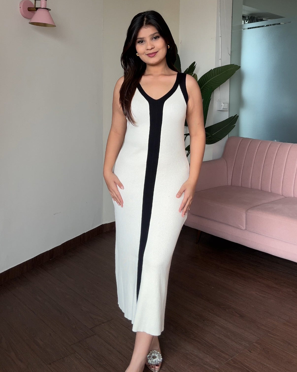 Contrast Detailing Ribbed Knitted Midi Dress