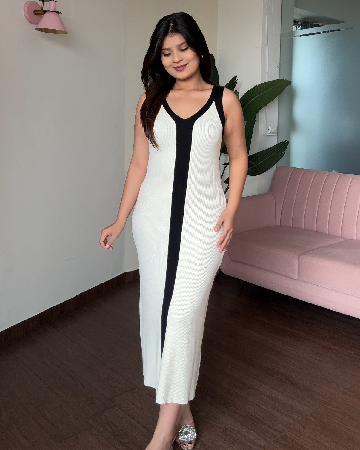 Contrast Detailing Ribbed Knitted Midi Dress