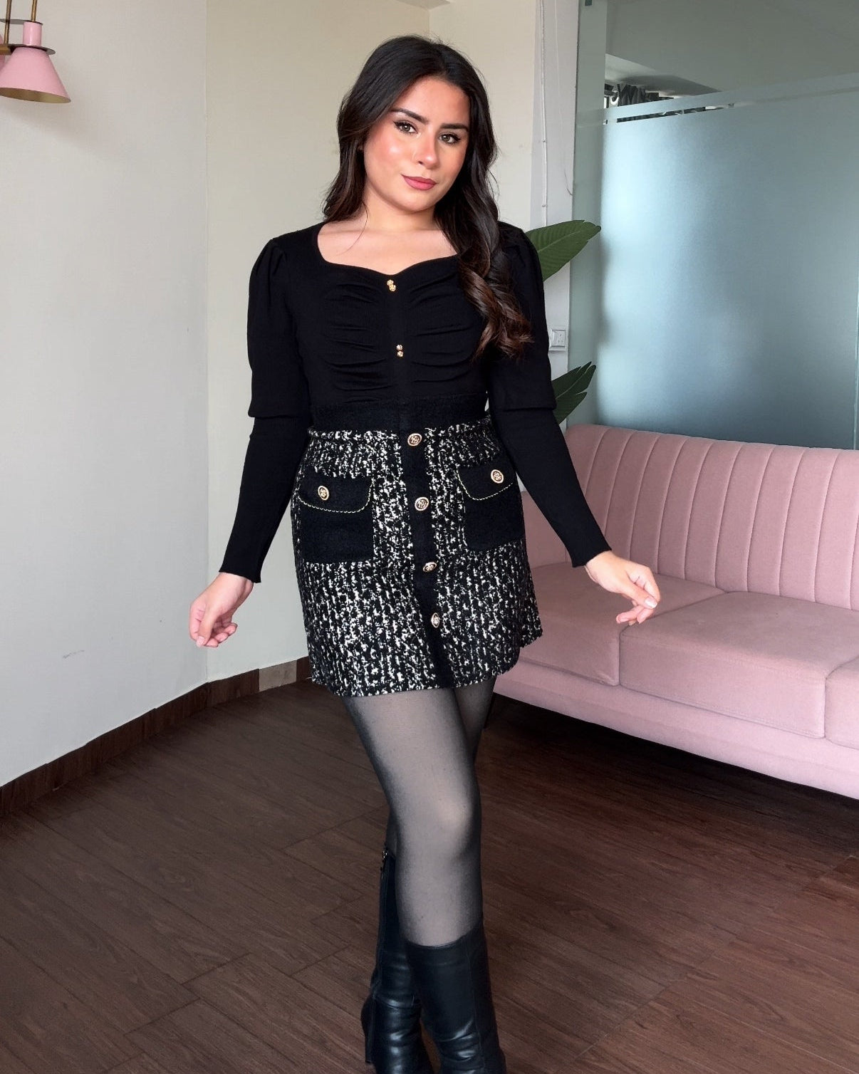 Woollen Golden Detailing Mini Skirt