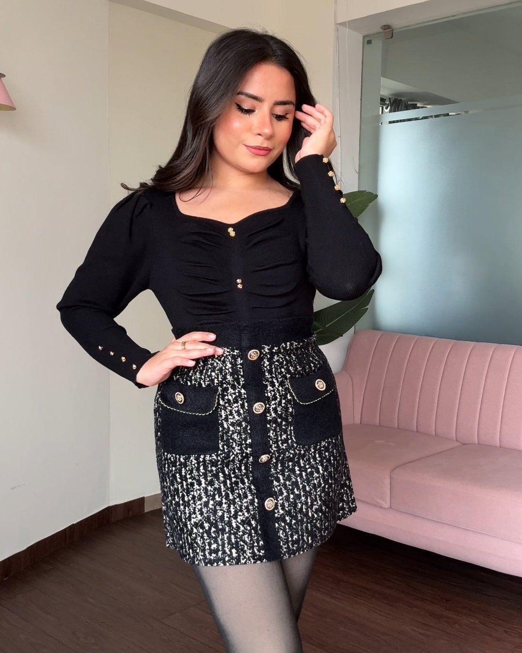 Golden Button Puff Sleeve Diamond Neck Top