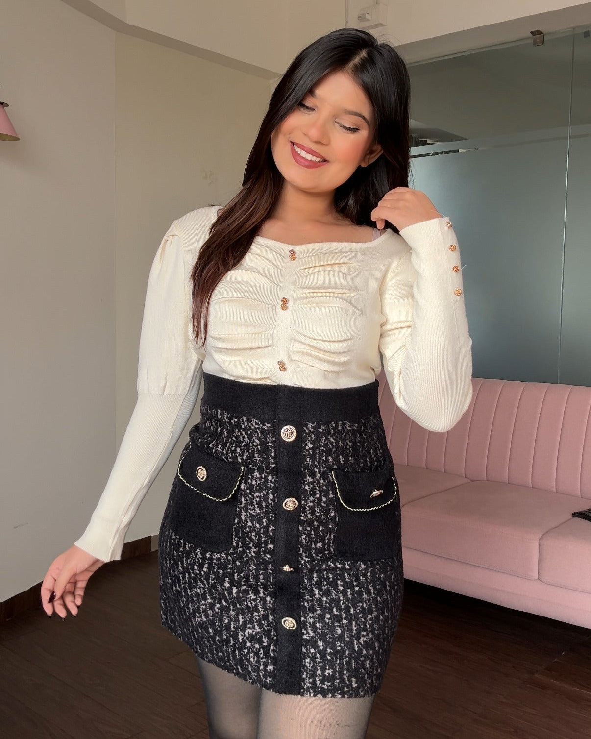 Golden Button Puff Sleeve Diamond Neck Top