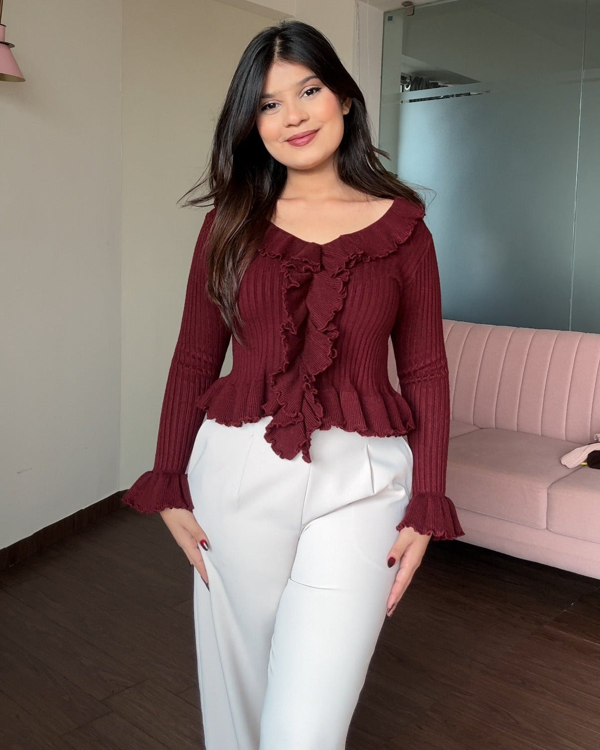 Ruffle Fitted Ribbed Winter Top