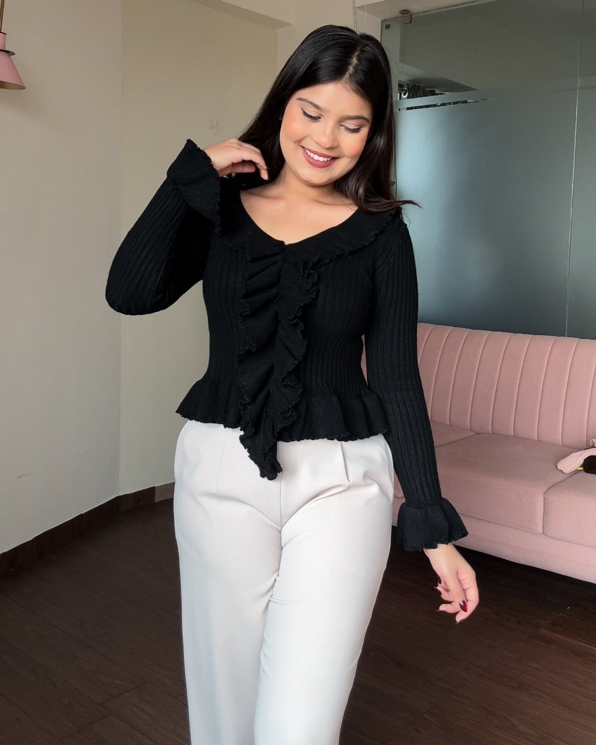 Ruffle Fitted Ribbed Winter Top