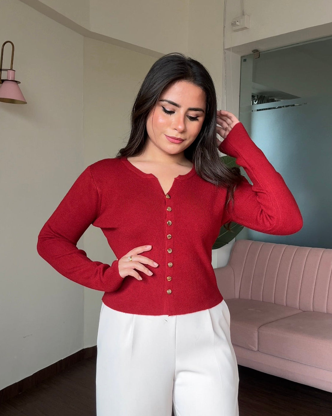 Solid Golden Button Round Neck Top