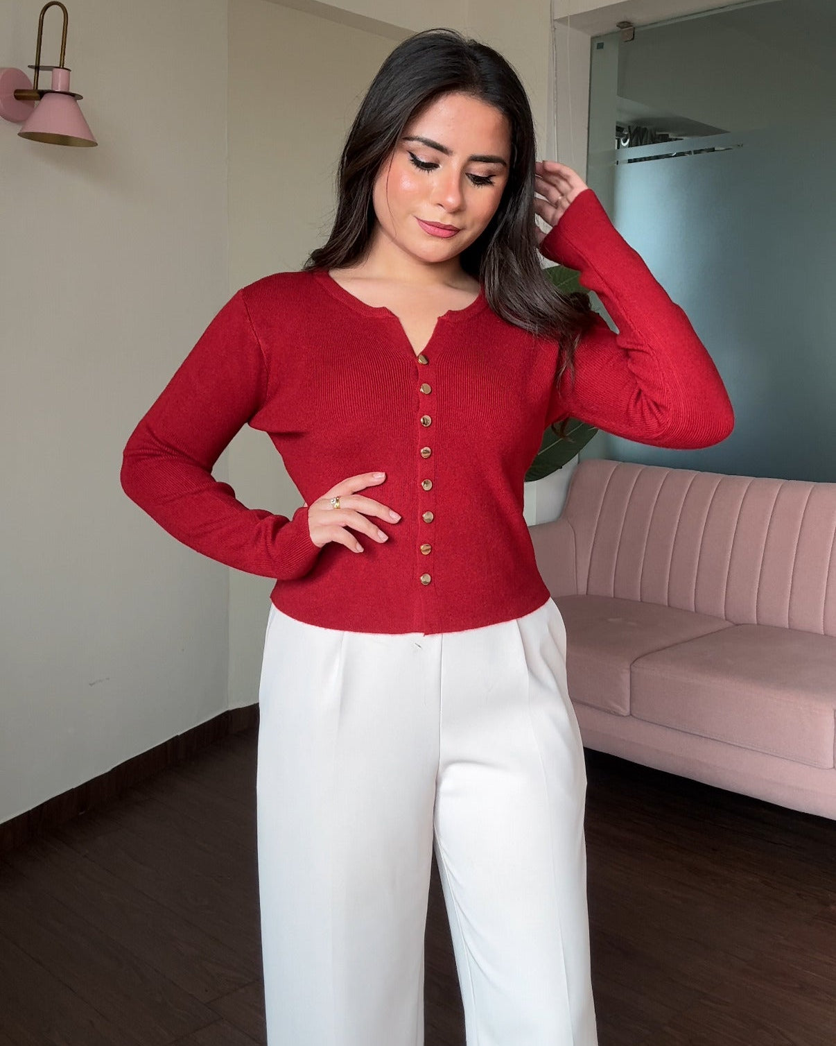 Solid Golden Button Round Neck Top
