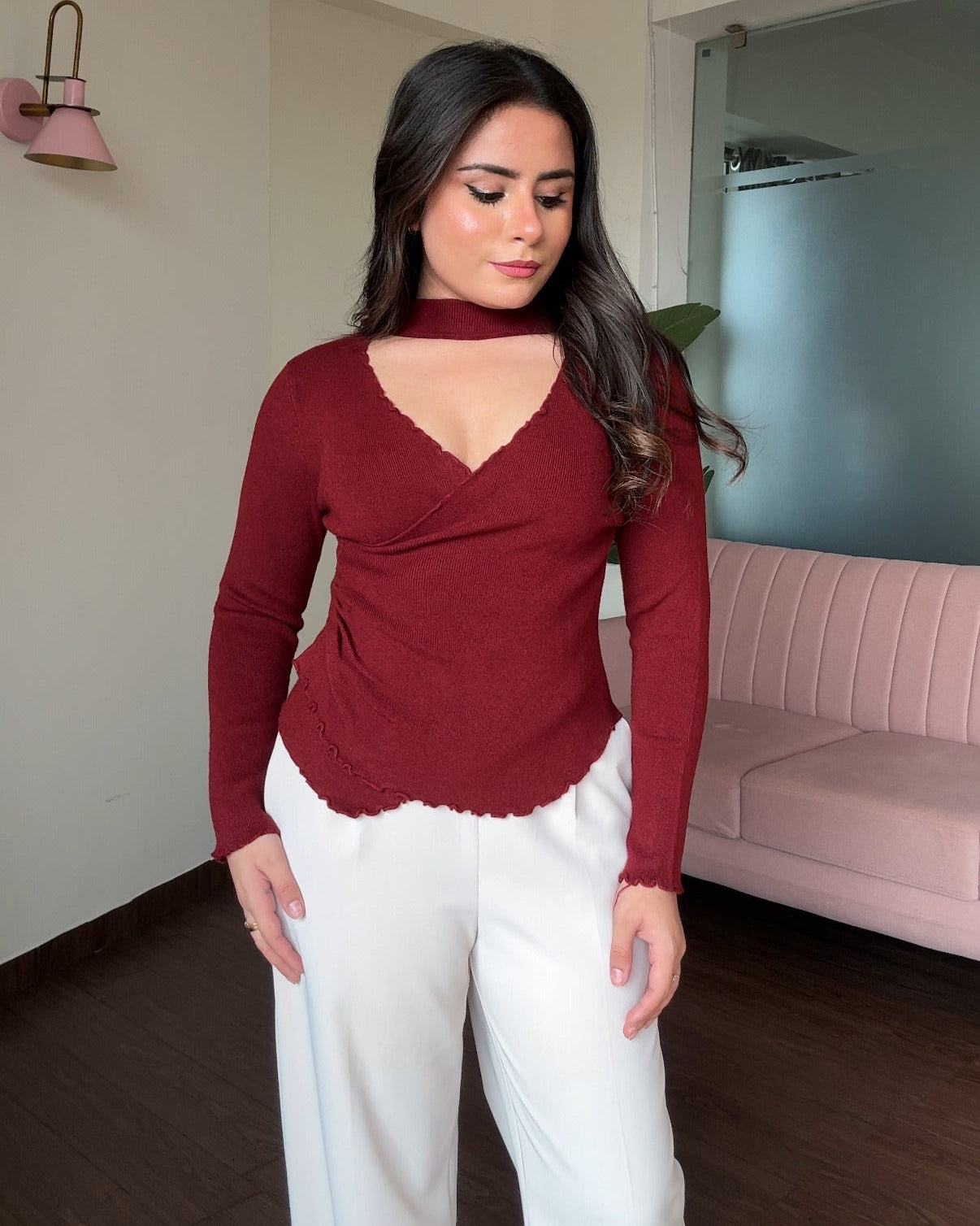 Lettuce Hem V Neck Cut Out Ruched Full Sleeve Top