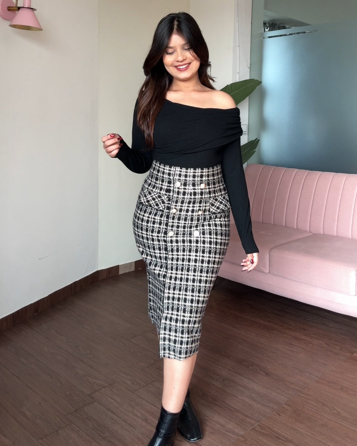 Woollen Checker Pattern Pearl Button Detailing Midi Skirt