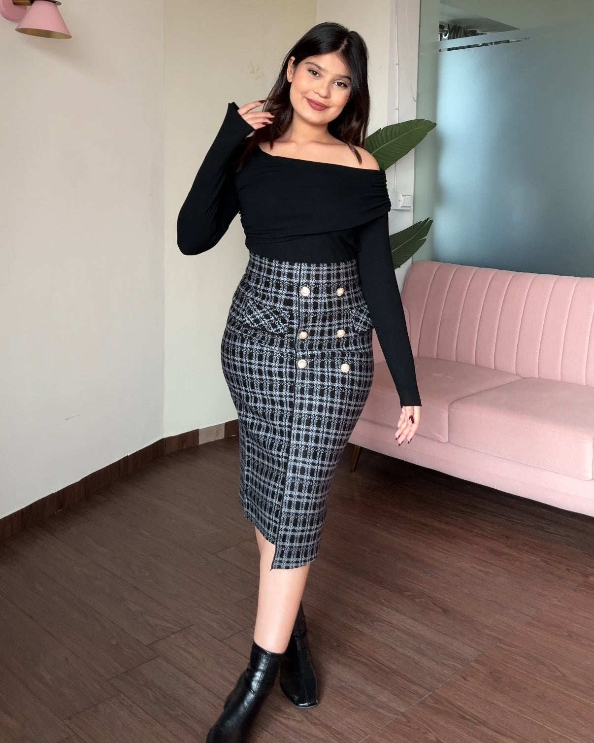 Woollen Checker Pattern Pearl Button Detailing Midi Skirt