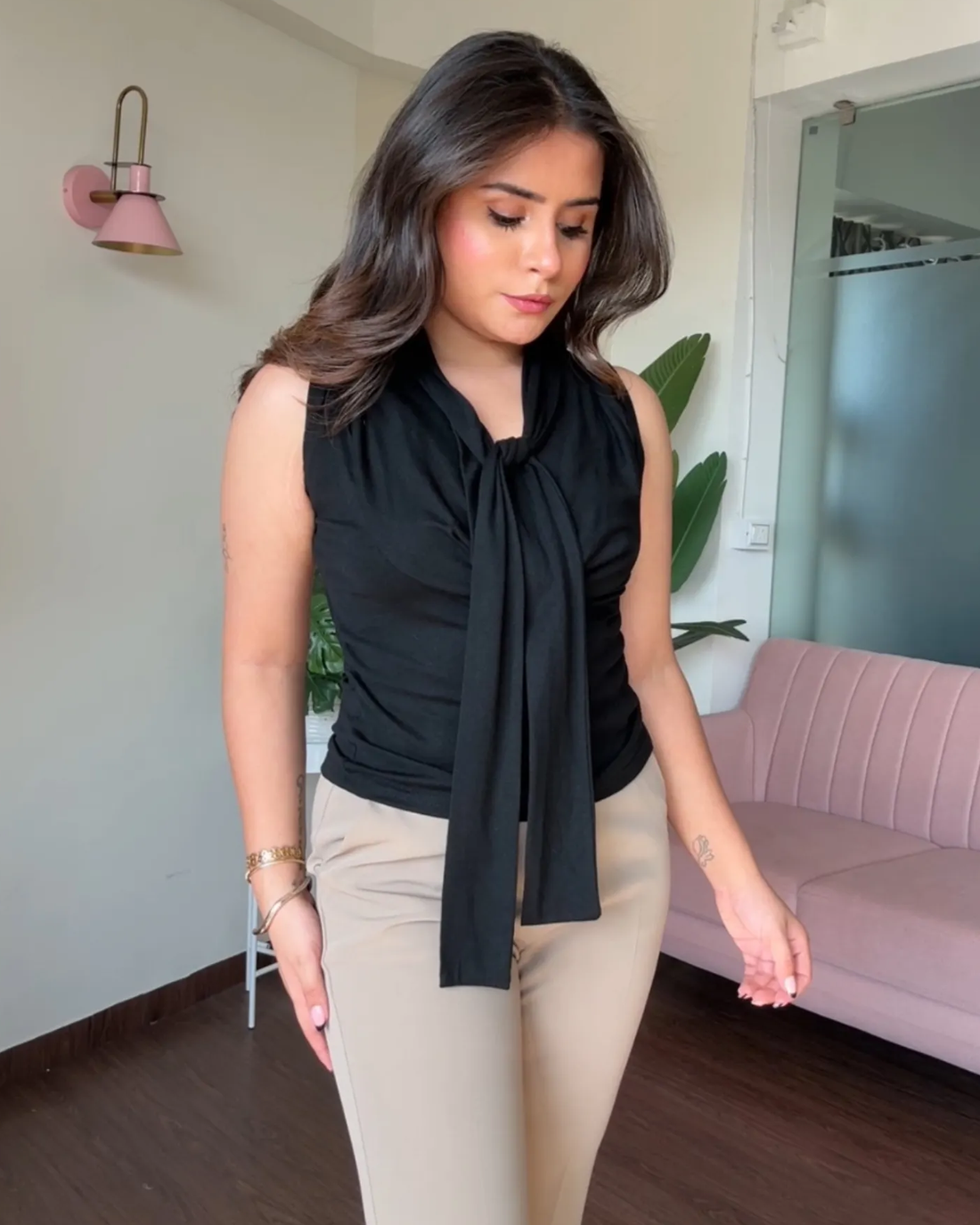 Cut Sleeve Cowl Neck Tie Up Top