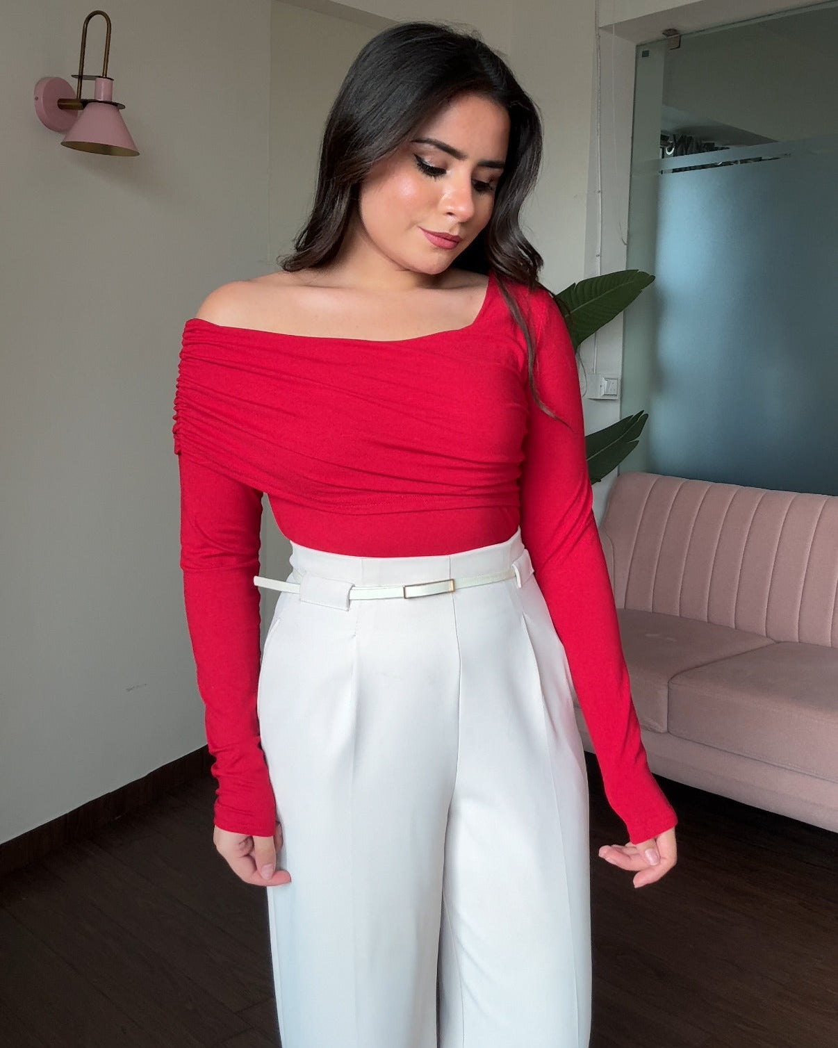 Ruched Detailing One Shoulder Full Sleeve Fitted Top