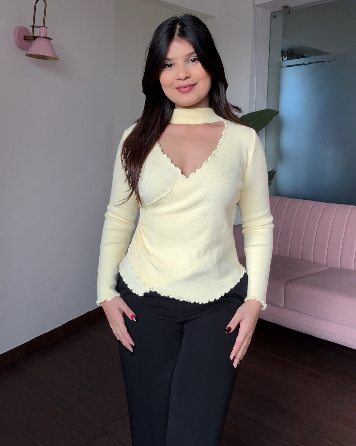 Lettuce Hem V Neck Cut Out Ruched Full Sleeve Top