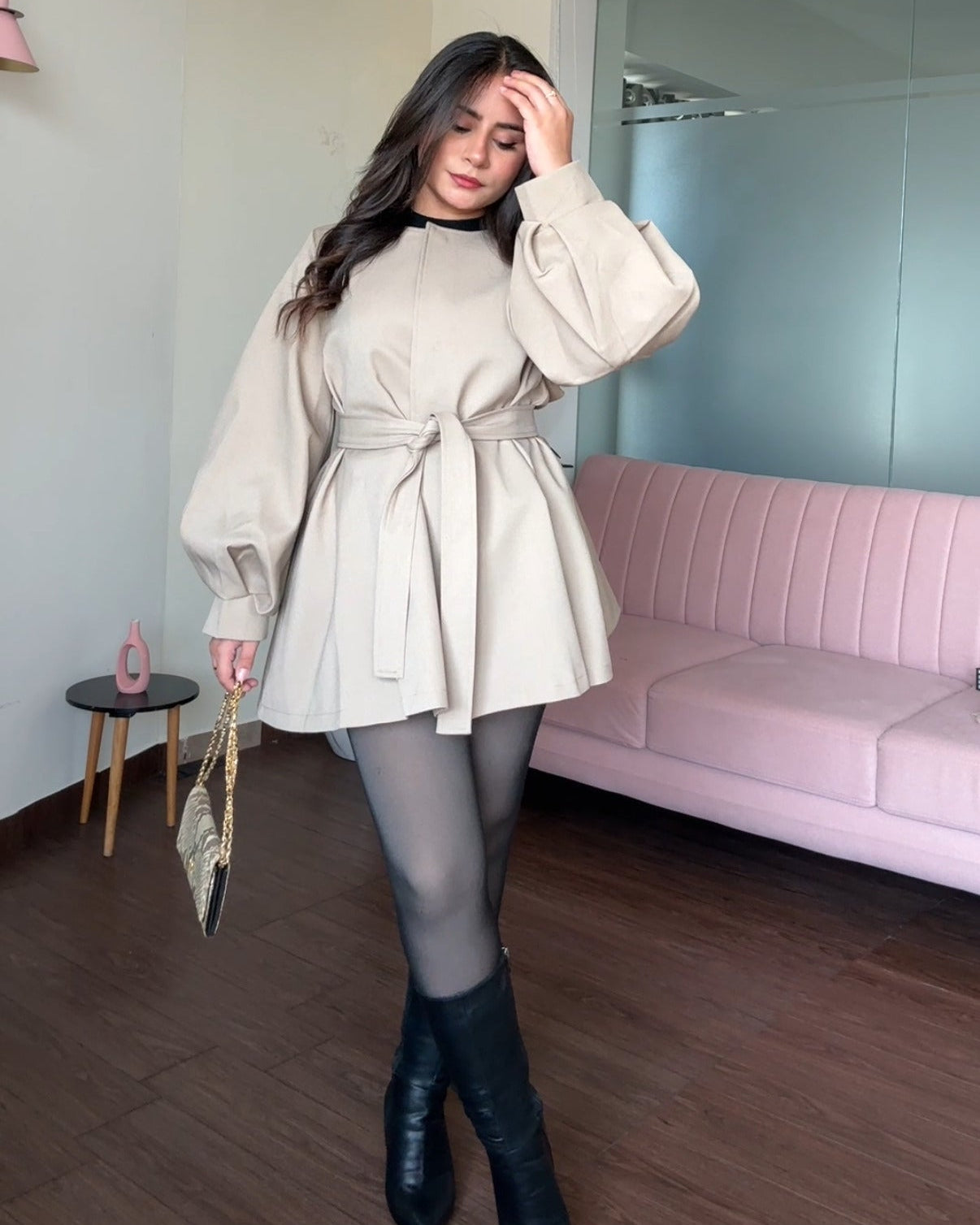 Balloon Sleeve Clip-Up Flared Mini Trench Coat With Belt