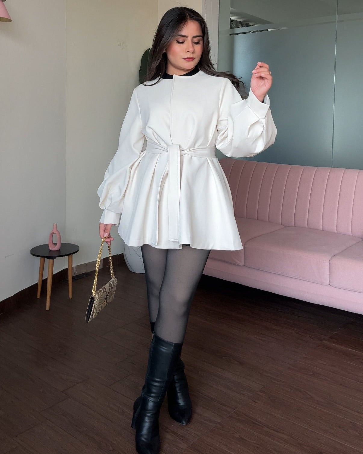 Balloon Sleeve Clip-Up Flared Mini Trench Coat With Belt