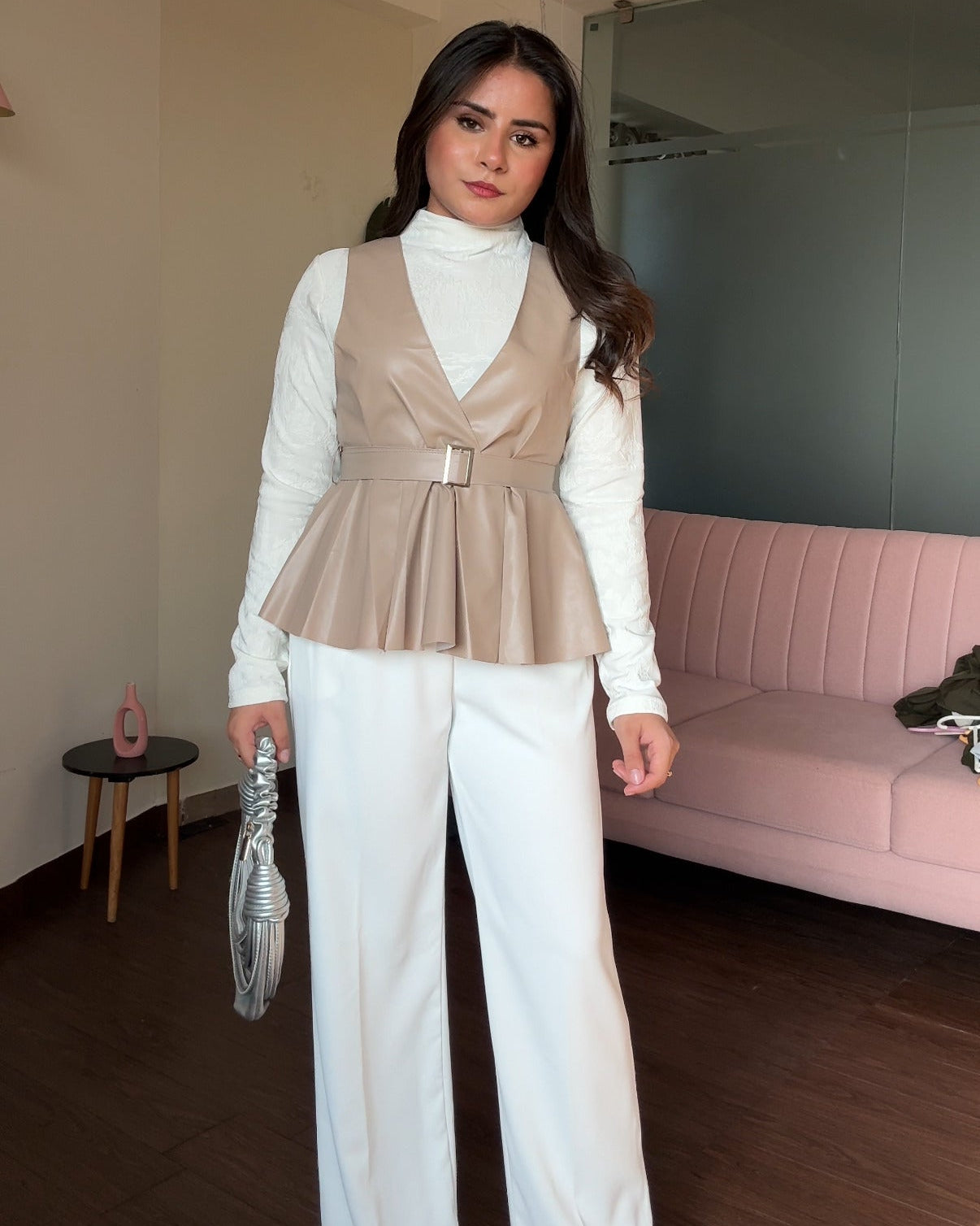 3-Piece Leather Detailing Peplum Belted Top